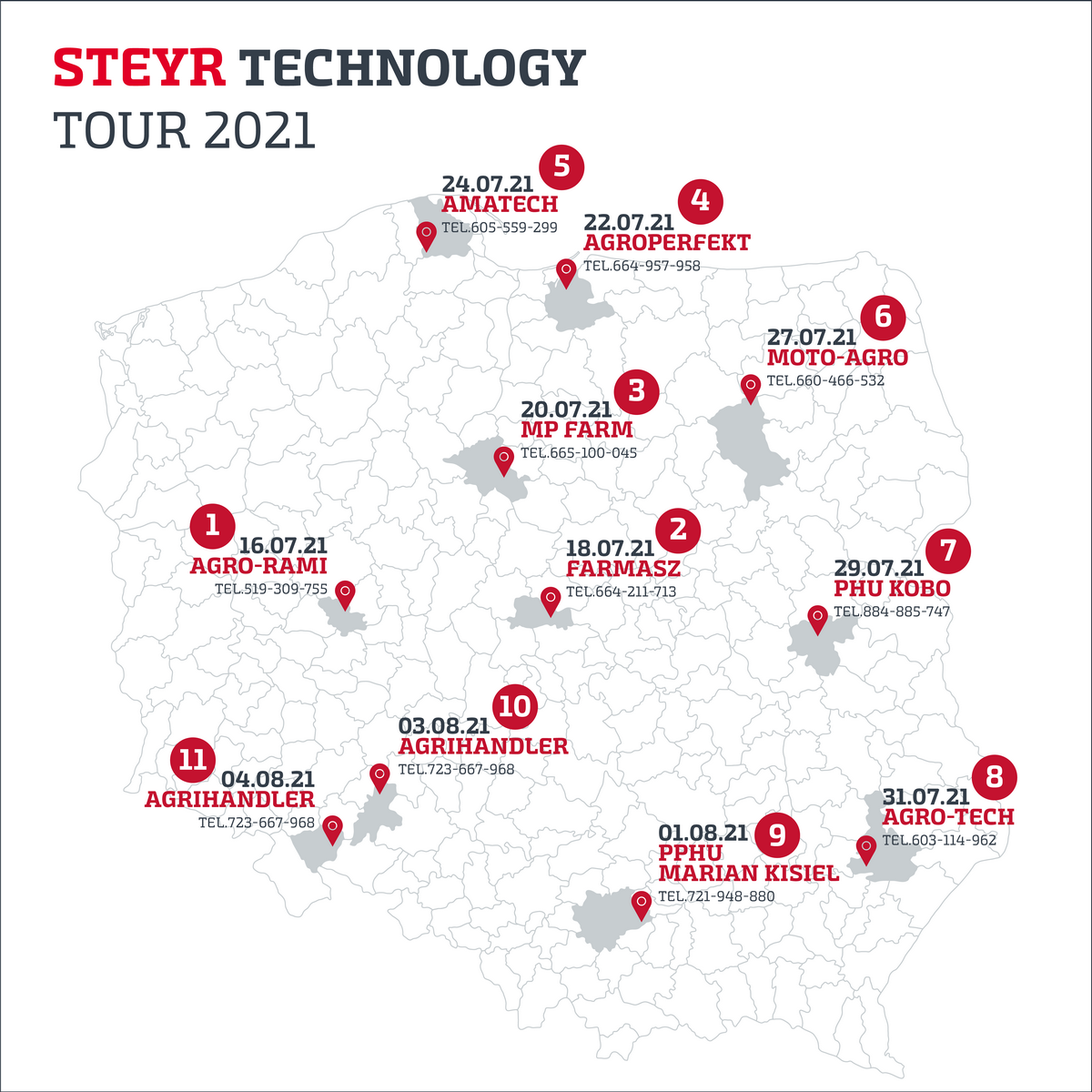 Steyr Demo Tour 2021 mapa Europejski Technology Tour 2021 marki STEYR rusza w Polskę