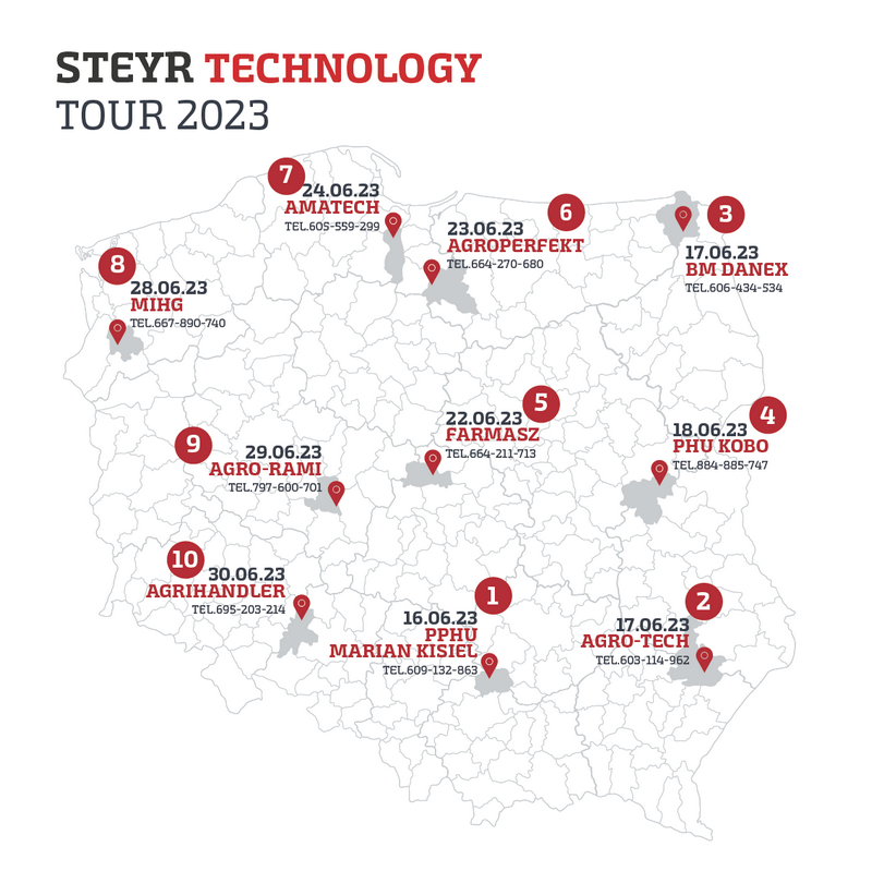 Mapa STEYR Technology TOUR 2023 Technology Tour 2023 – marka STEYR po raz kolejny wyruszy w trasę po Polsce