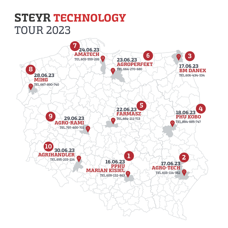 Mapa STEYR Technology TOUR 2023 Technology Tour 2023   marka STEYR po raz kolejny wyruszy w trasę po Polsce